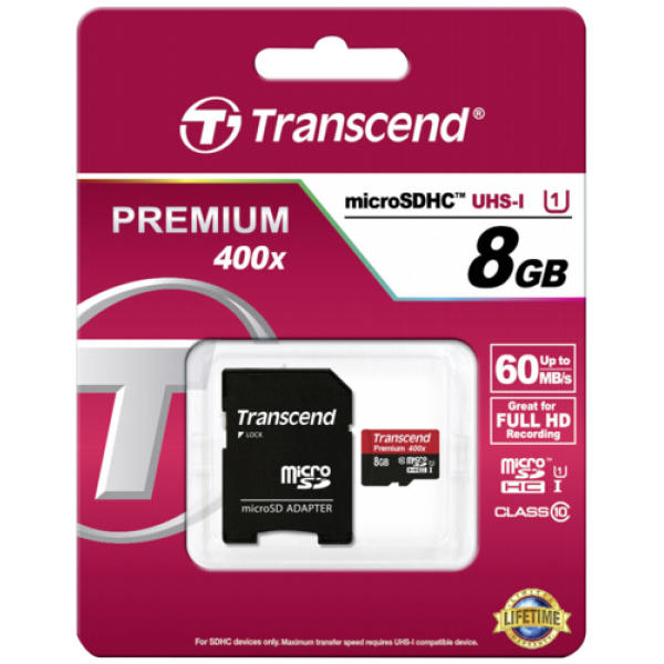 Κάρτα Μνήμης Transcend microSDHC 8GB Class 10 UHS-I 400x + SD Adapter